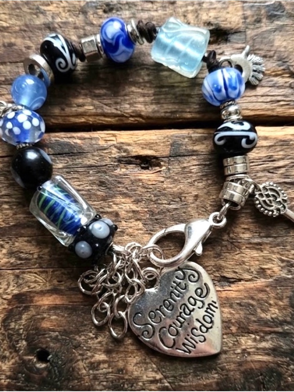 Blue Glass Bead Charm Bracelet with Inspirational Heart charm Bracelet